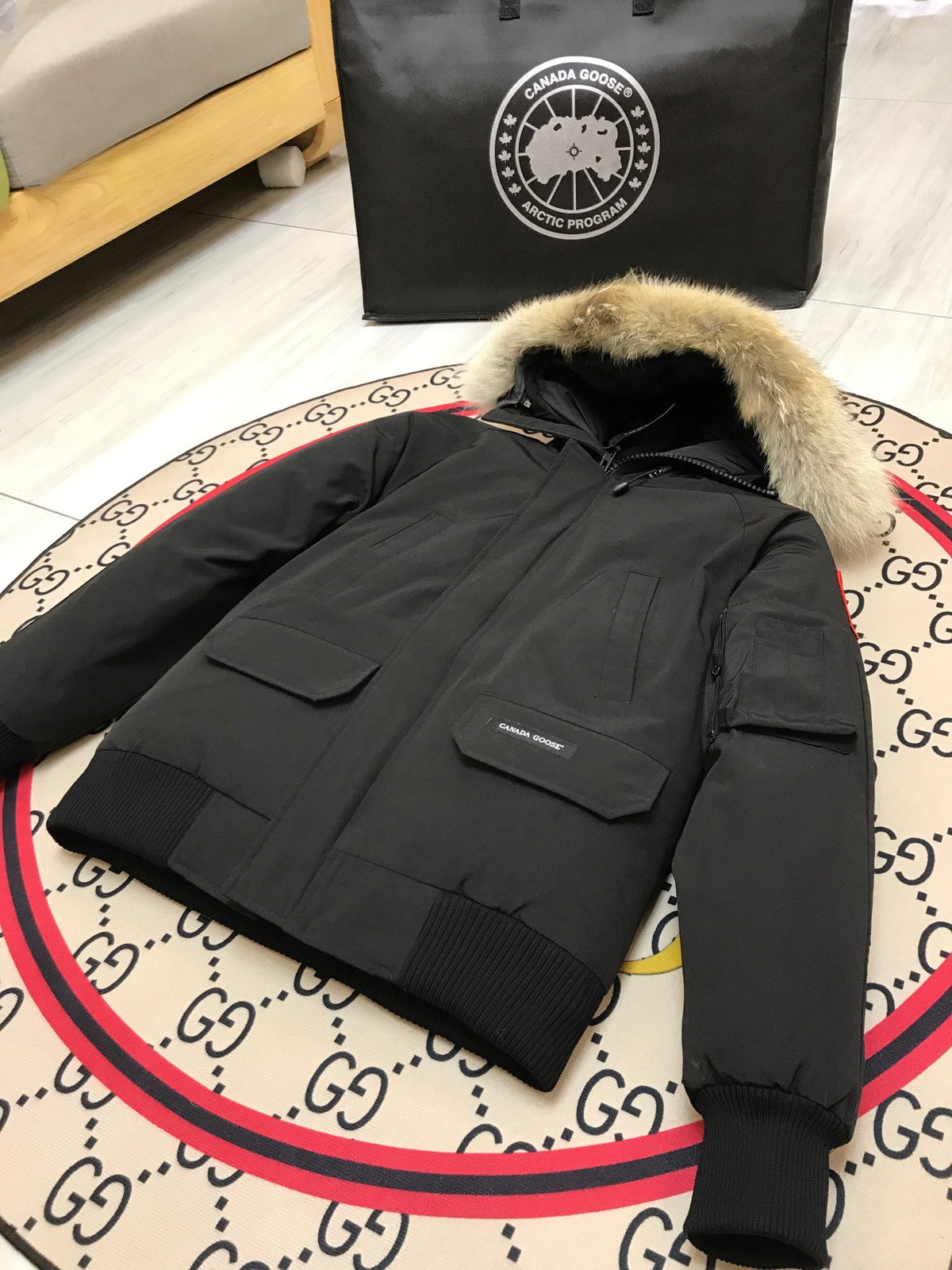 Canada Goose Chilliwack Bomber Down Jacket — Fur Hood — Black & White