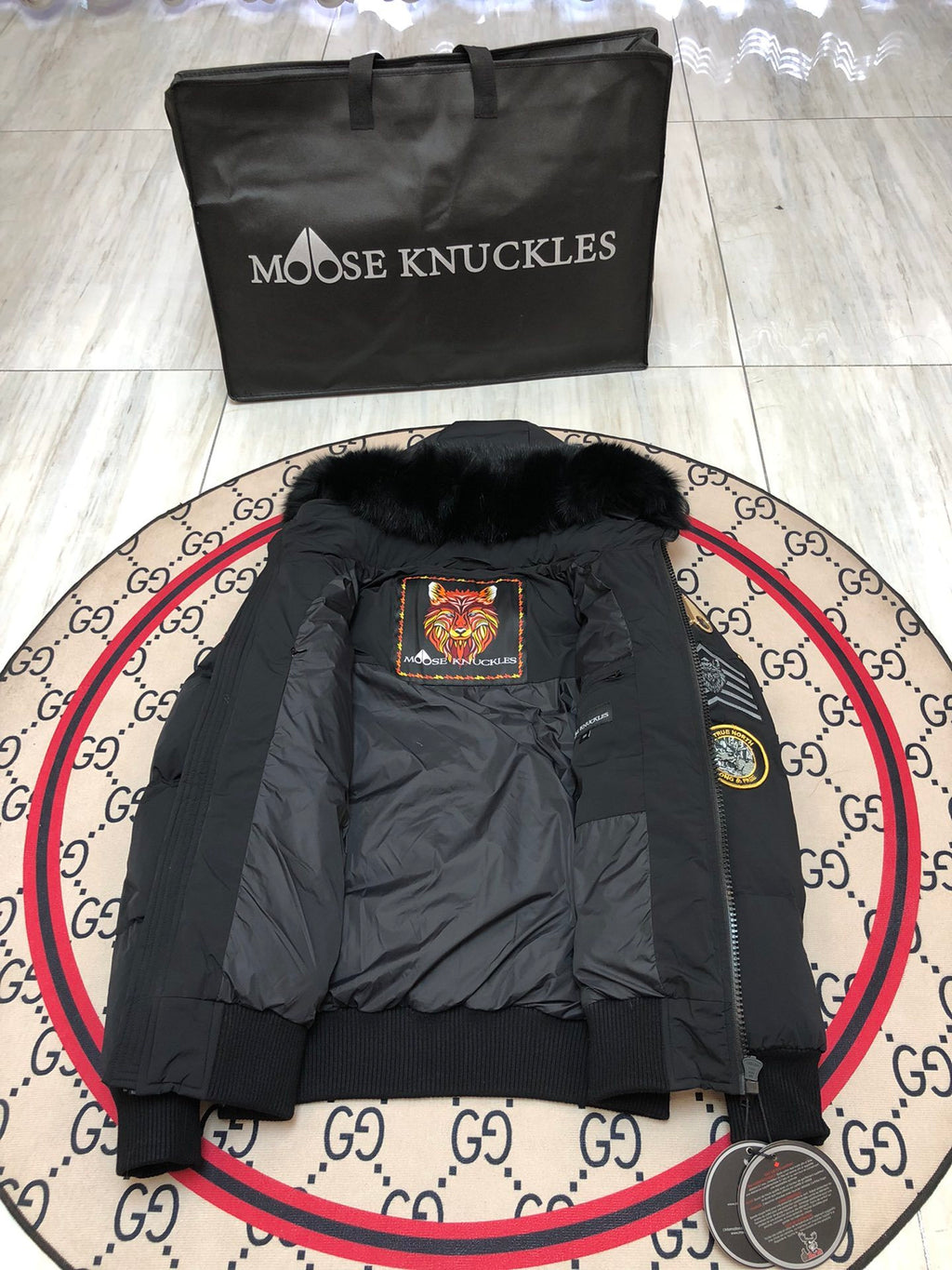 Moose Knuckles Multi-Badge Down Bomber — Black Fur Hood — Black