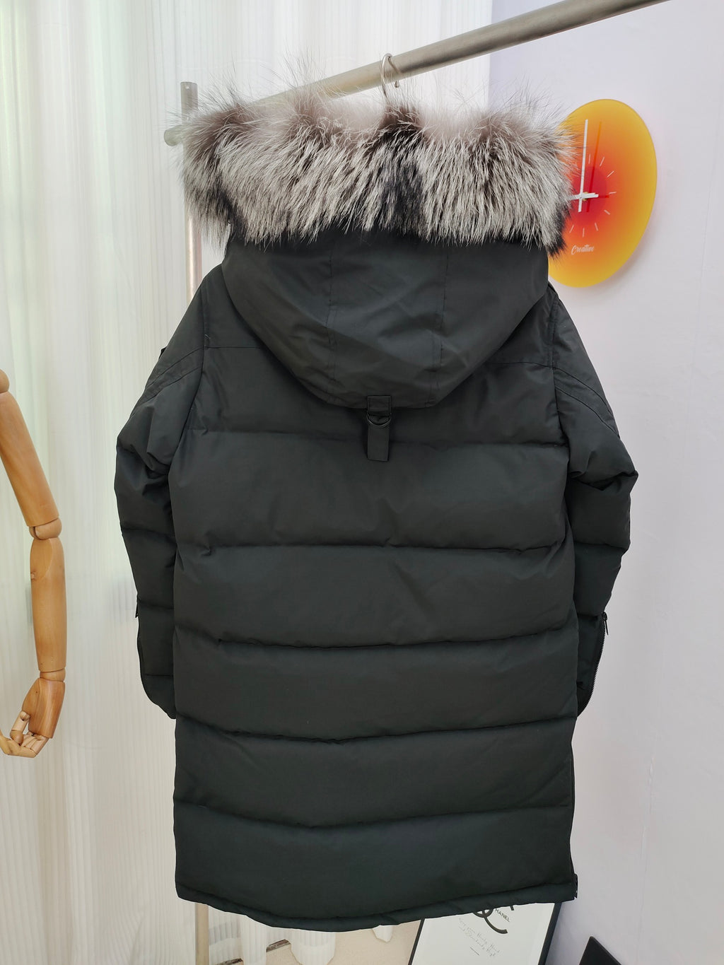 Moose Knuckles Women's Long Down Parka with Fur-Trimmed Hood — Black & White