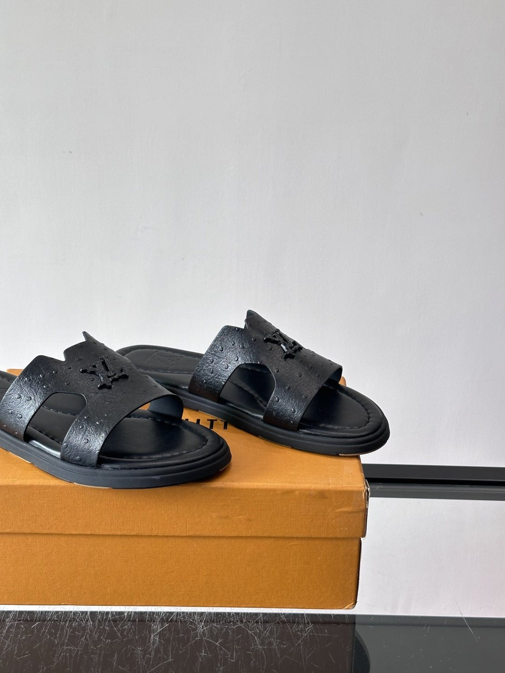 Louis Vuitton Black Embossed Slide Sandals - Rubber Sole