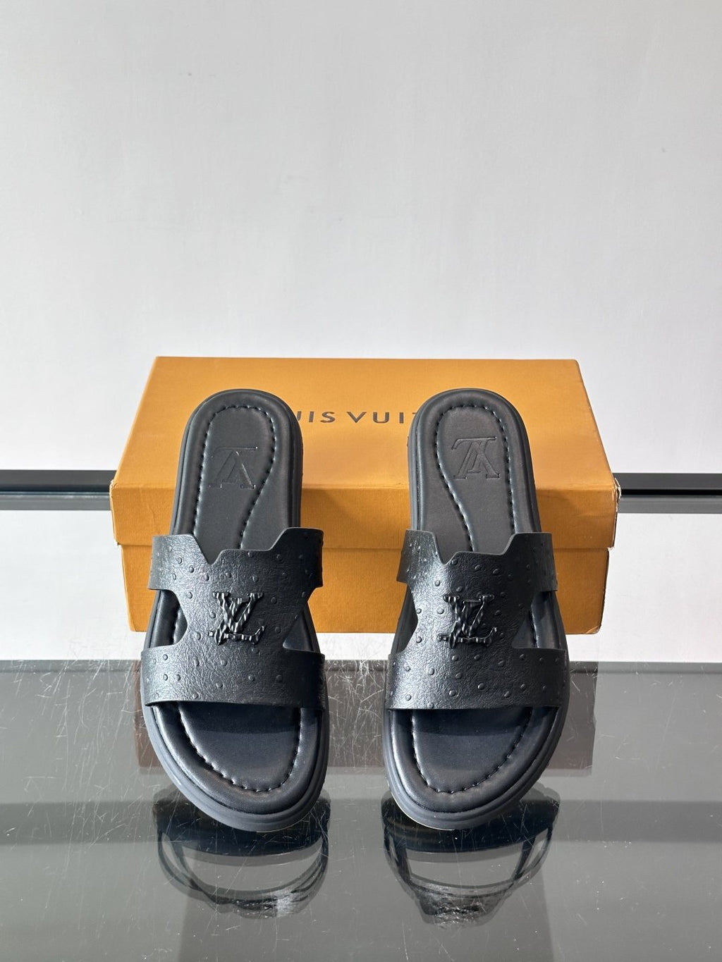 Louis Vuitton Black Embossed Slide Sandals - Rubber Sole