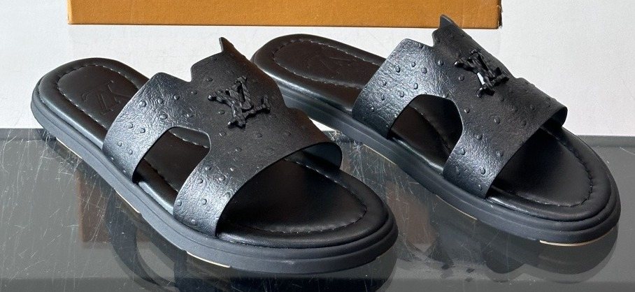 Louis Vuitton Black Embossed Slide Sandals - Rubber Sole