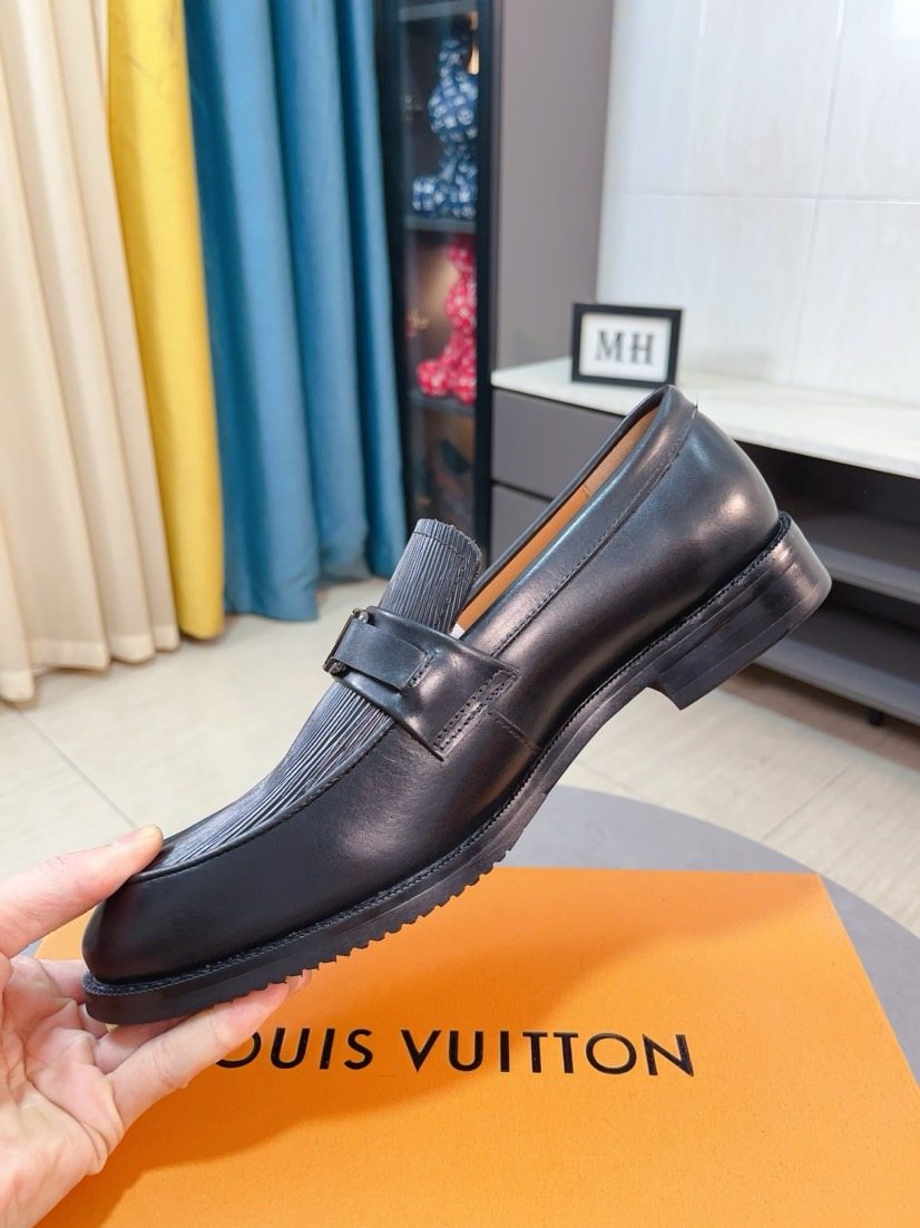 Louis Vuitton Men's Black Textured Buckle Loafers - Rounded Toe And Dark Sole