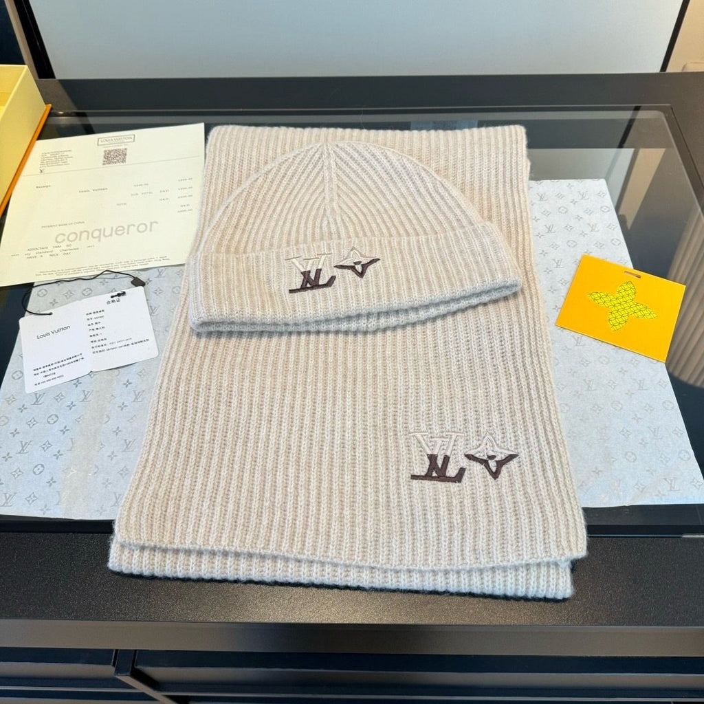 Louis Vuitton Cream Beige Beanie & Scarf Set