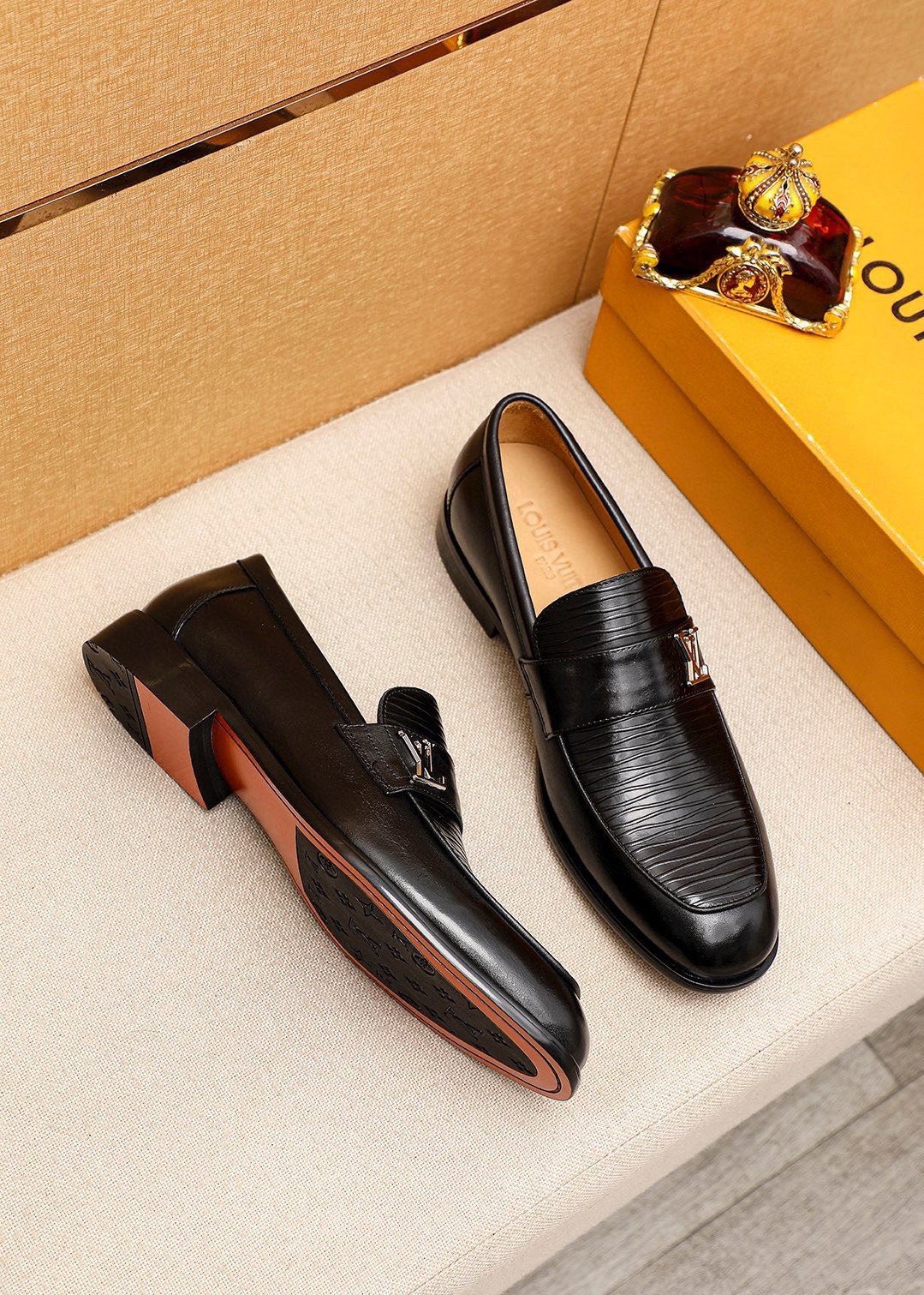 Louis Vuitton Black Textured Loafers - Metal Vamp Detail