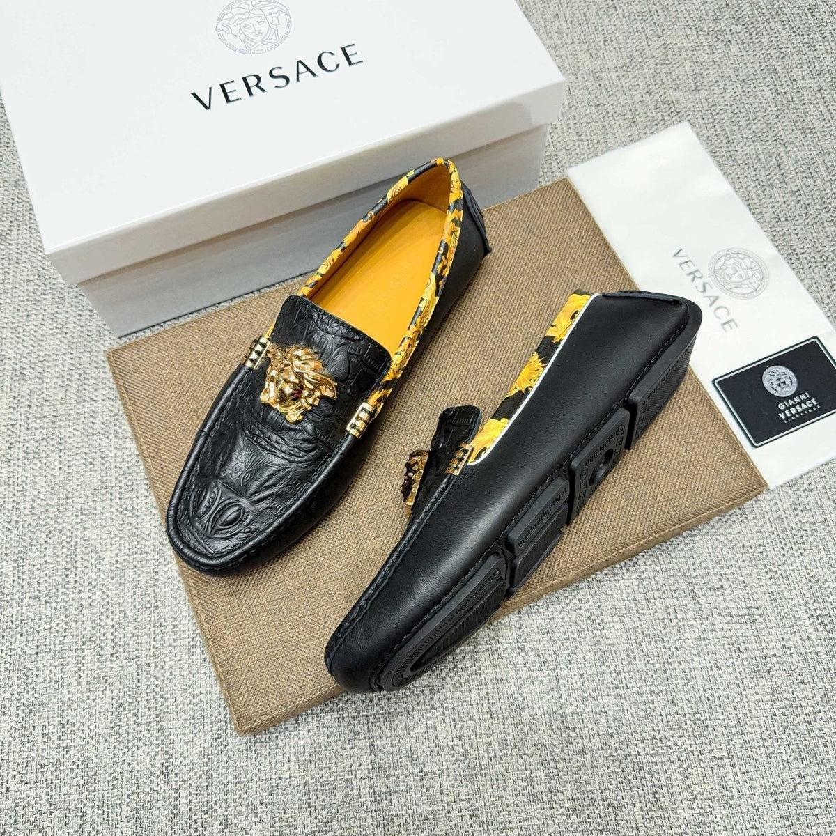 Versace Men's Black Gold-Tone Hardware Loafers - Embossed Texture