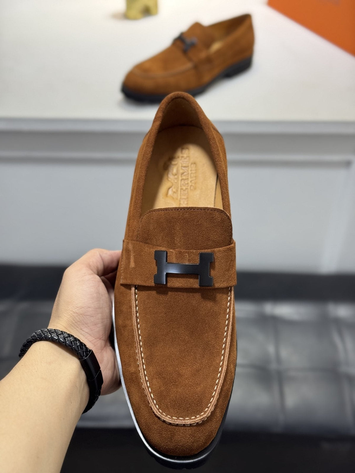 Hermès Men's Brown Leather Lug-Sole Loafers
