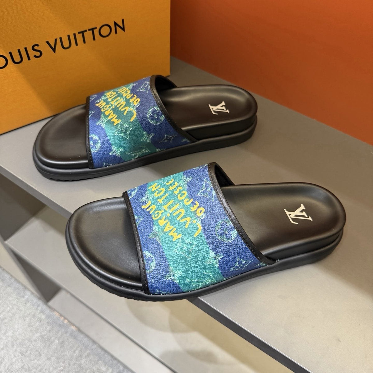Louis Vuitton Blue Green Patterned Slide Sandals
