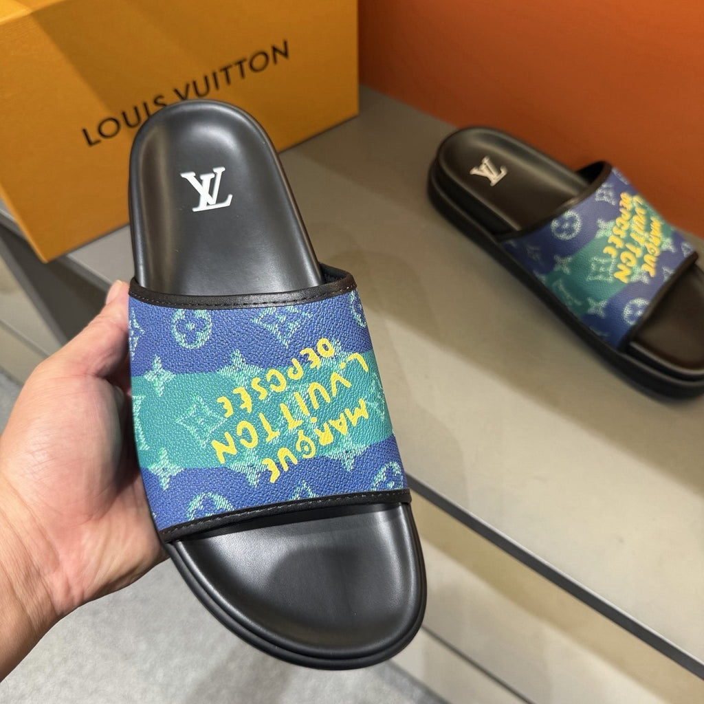Louis Vuitton Blue Green Patterned Slide Sandals