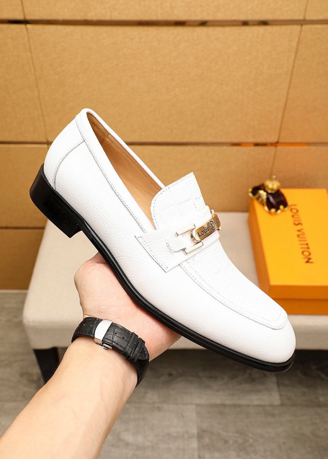 Louis Vuitton White Textured Bar Loafers