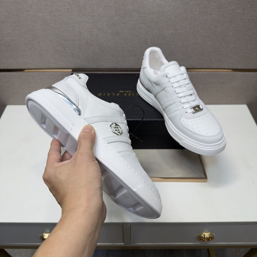 Philipp Plein White Low-Top Sneakers with Silver Accents
