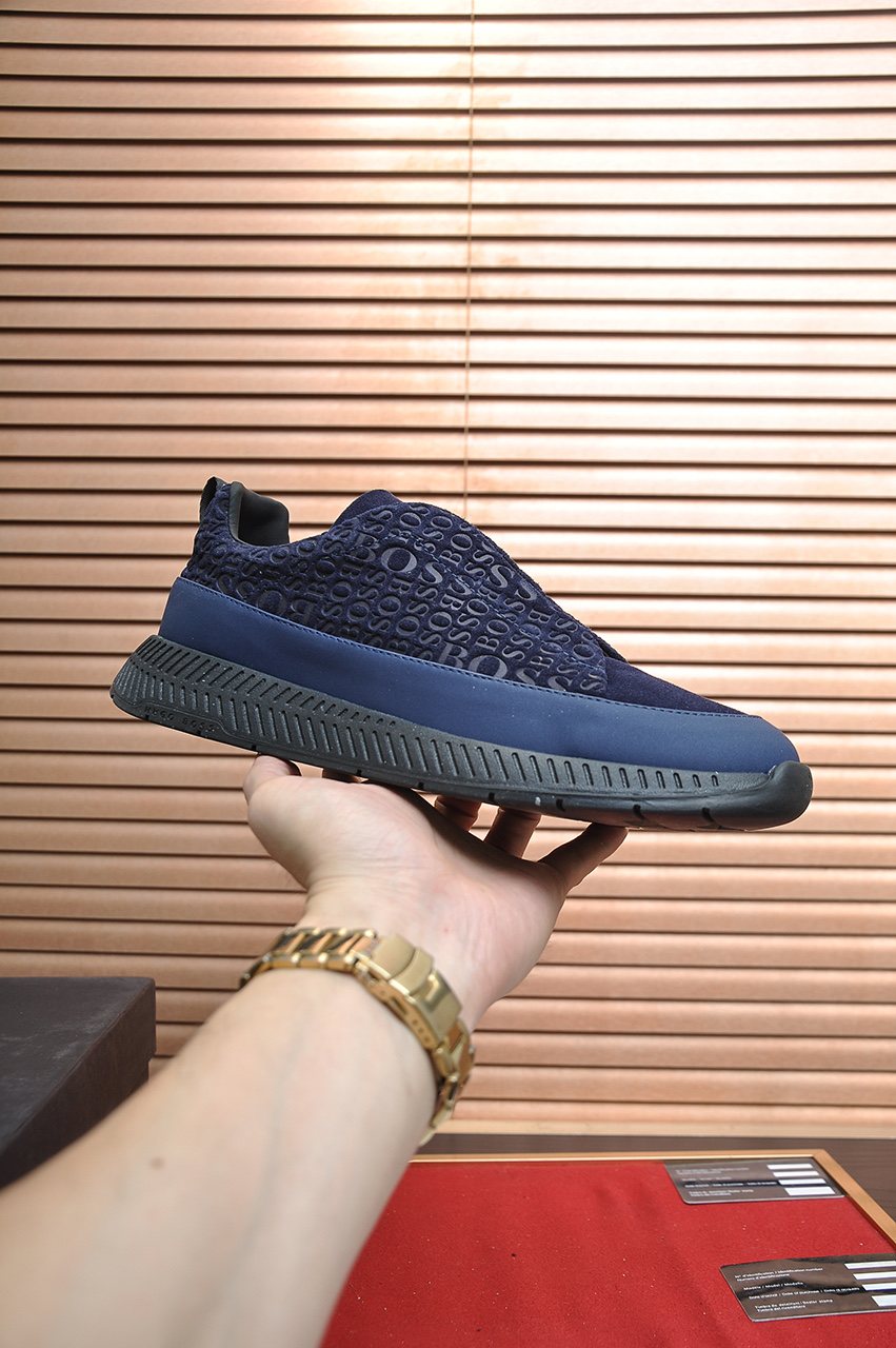 BOSS Navy Blue Textured Slip-On Sneakers