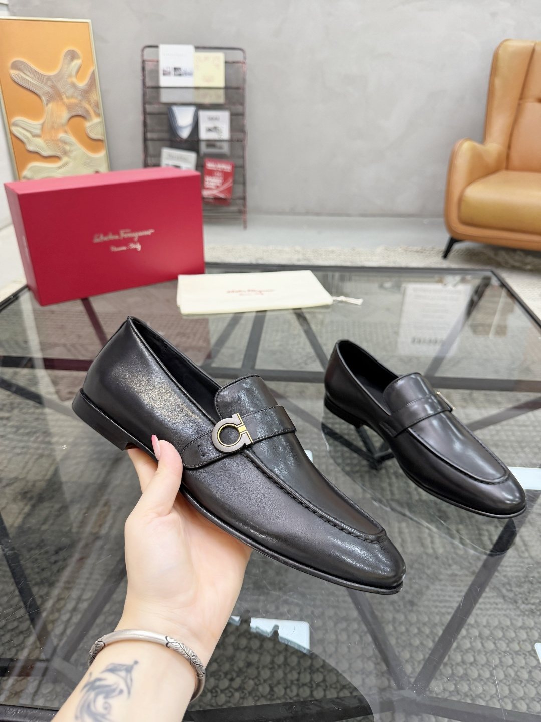 Salvatore Ferragamo Men's Black Buckle Strap Slip-On Loafers