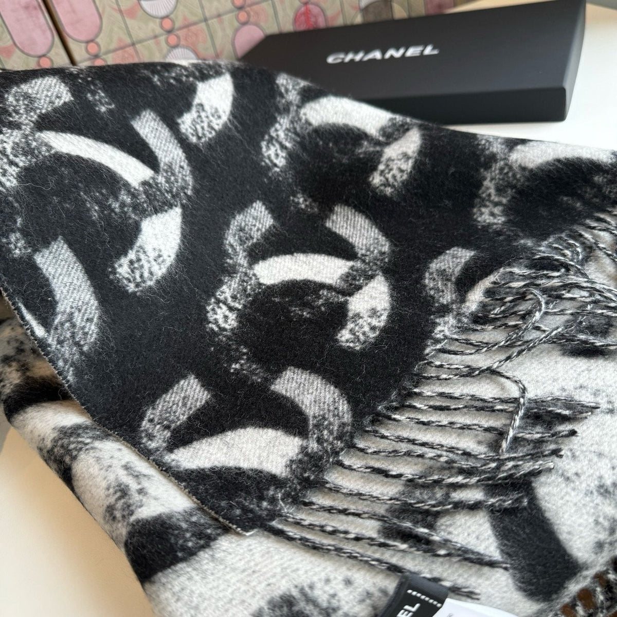 Chanel Black Fringed Patterned Scarf