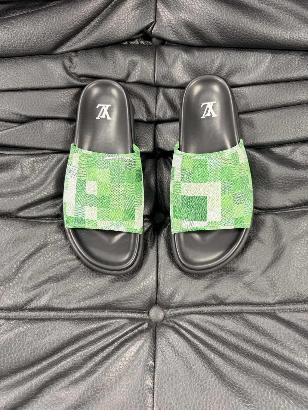 Louis Vuitton Slate Blue Checkered Slide Sandals