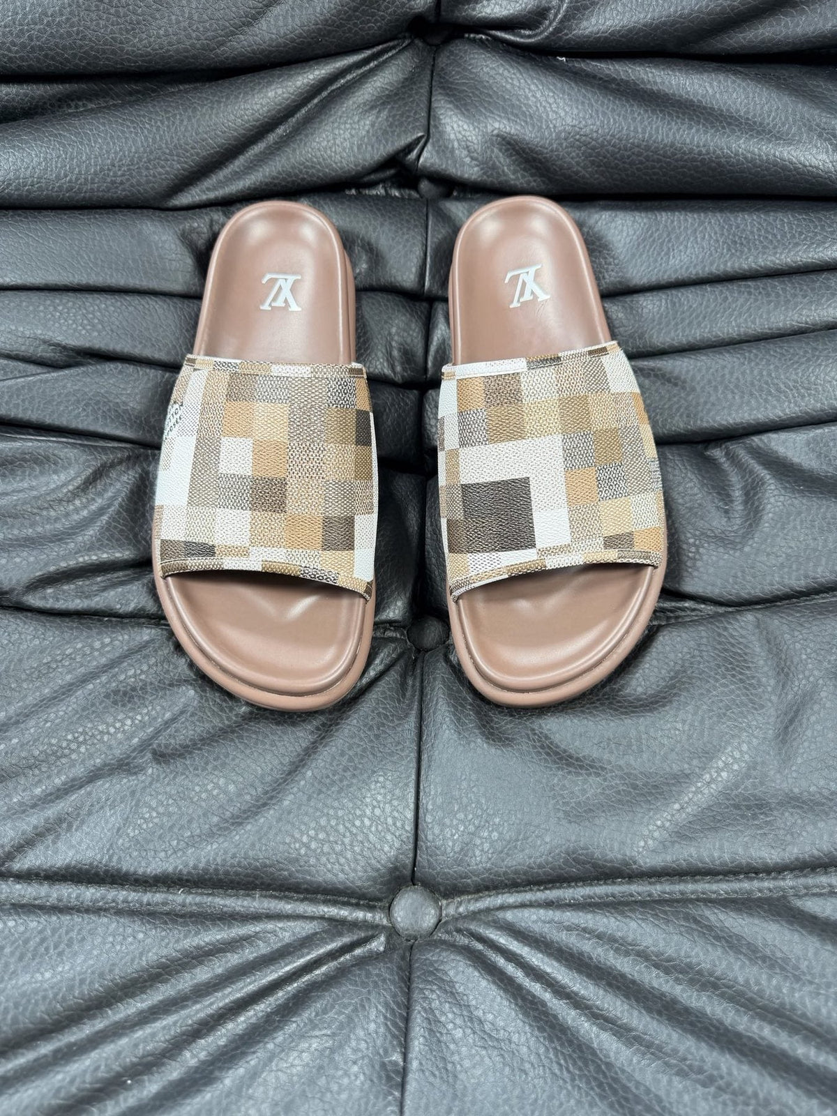 Louis Vuitton Slate Blue Checkered Slide Sandals