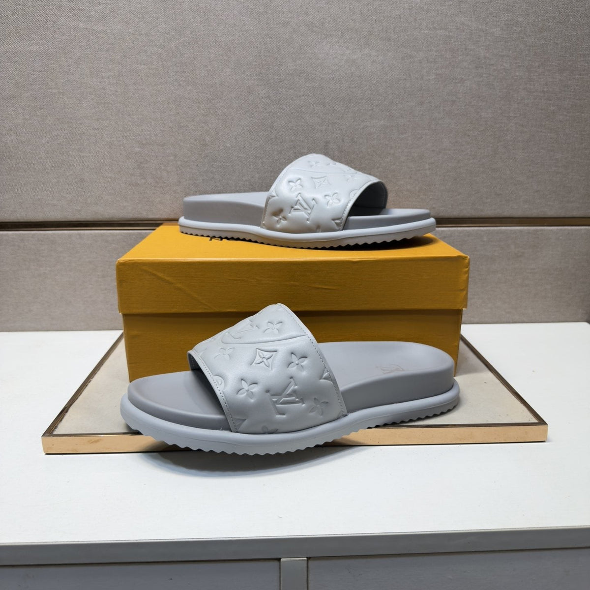 Louis Vuitton Men's Embossed Strap Slide Sandals - Textured Tread Outsole